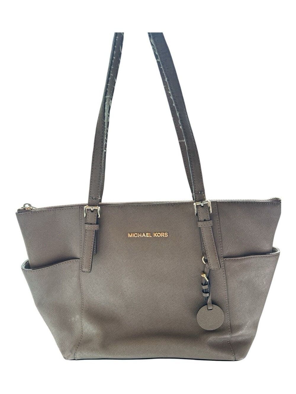 Michael Kors Jet Set Travel Medium Saffiano Leather Tote Bag Taupe Gold Logo